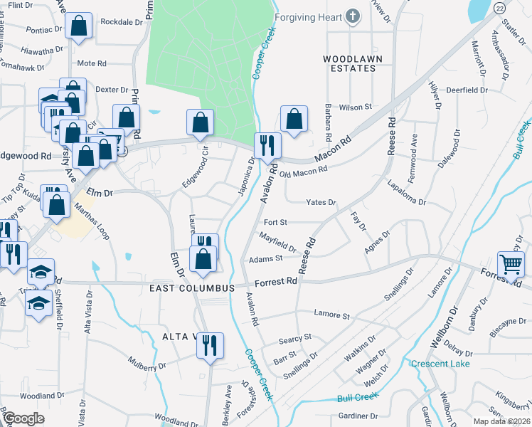 map of restaurants, bars, coffee shops, grocery stores, and more near 2613 Avalon Road in Columbus