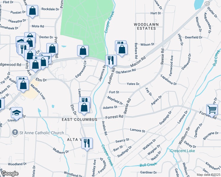 map of restaurants, bars, coffee shops, grocery stores, and more near 2613 Avalon Road in Columbus