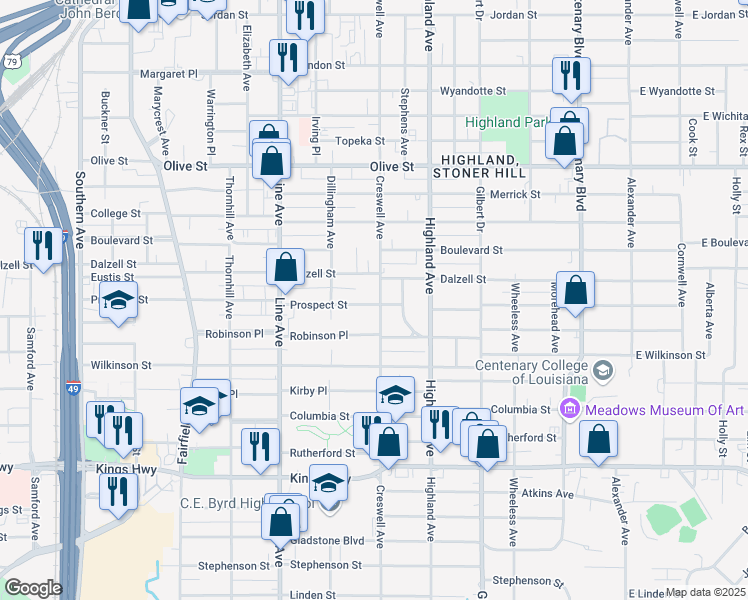 map of restaurants, bars, coffee shops, grocery stores, and more near 2434 Creswell Avenue in Shreveport