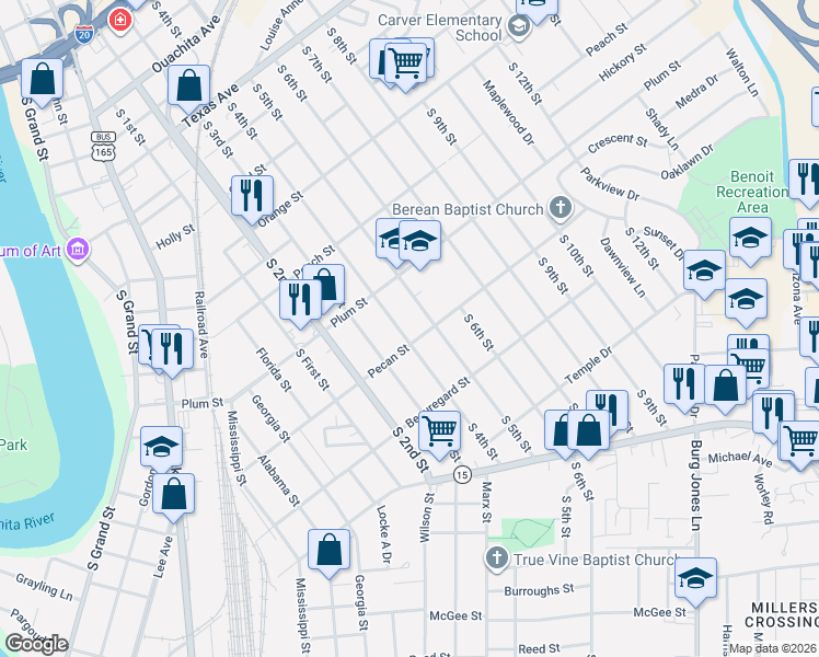 map of restaurants, bars, coffee shops, grocery stores, and more near 1300 S 5th St in Monroe