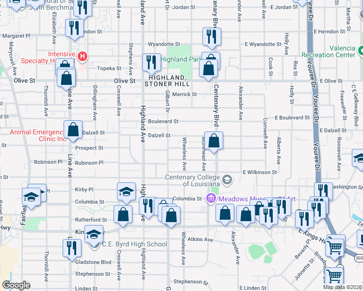 map of restaurants, bars, coffee shops, grocery stores, and more near 315 Dalzell Street in Shreveport