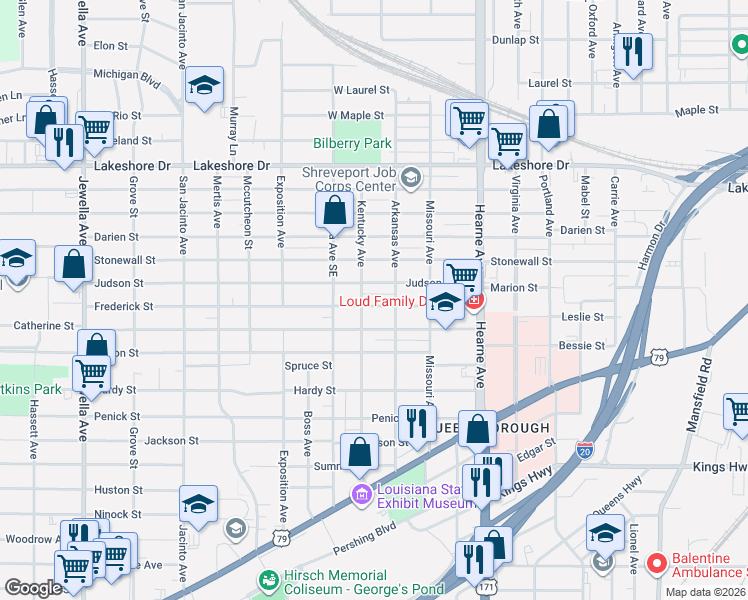 map of restaurants, bars, coffee shops, grocery stores, and more near 2918 Judson Street in Shreveport