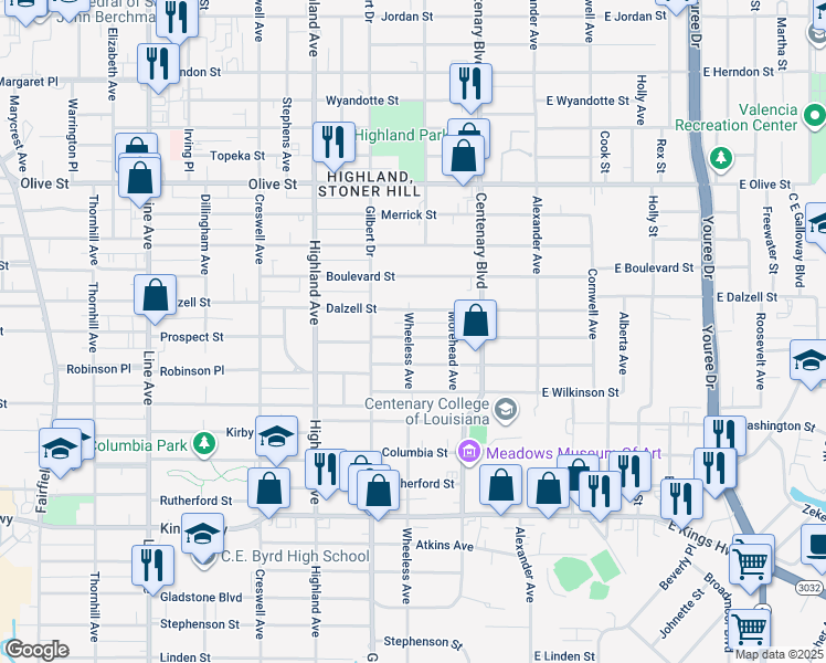 map of restaurants, bars, coffee shops, grocery stores, and more near 284 Prospect Street in Shreveport