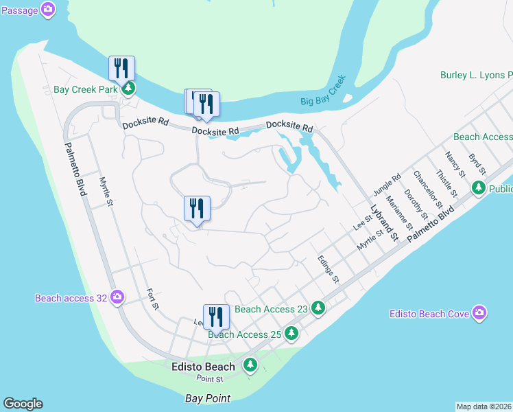 map of restaurants, bars, coffee shops, grocery stores, and more near 10 Gun Bluff Road in Edisto Island