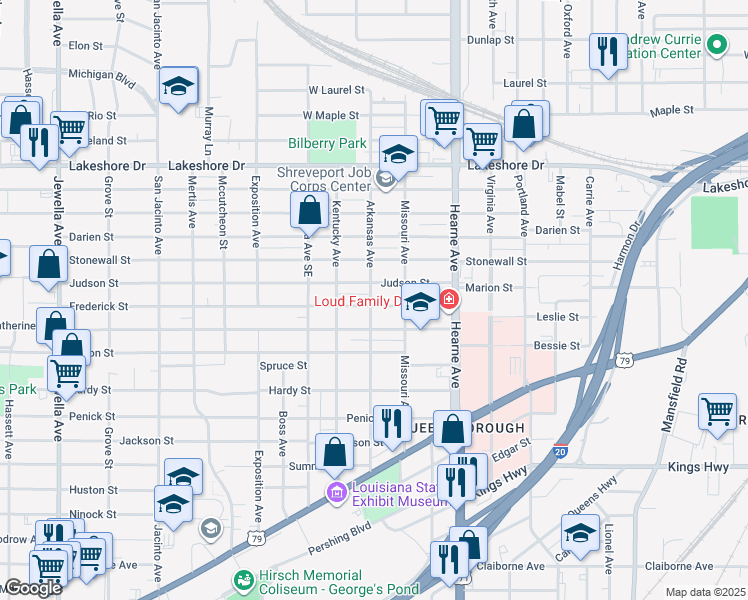 map of restaurants, bars, coffee shops, grocery stores, and more near 2840 Frederick Street in Shreveport