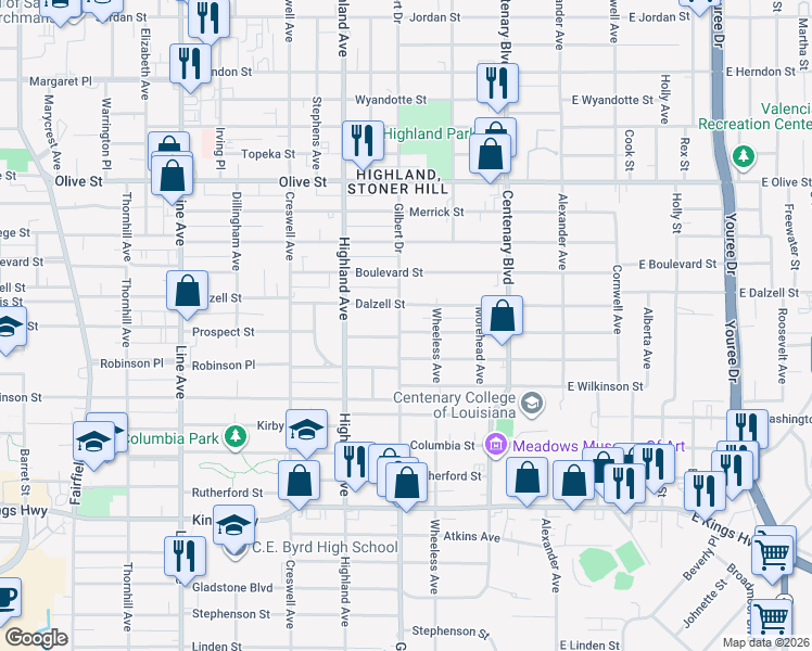 map of restaurants, bars, coffee shops, grocery stores, and more near 332 Prospect Street in Shreveport