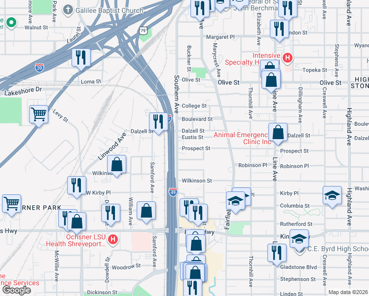 map of restaurants, bars, coffee shops, grocery stores, and more near 1158 Prospect Street in Shreveport