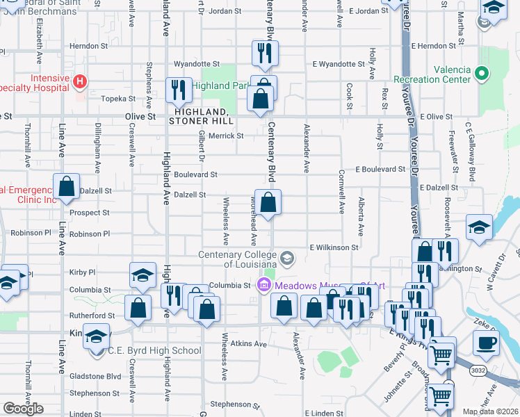 map of restaurants, bars, coffee shops, grocery stores, and more near in Shreveport