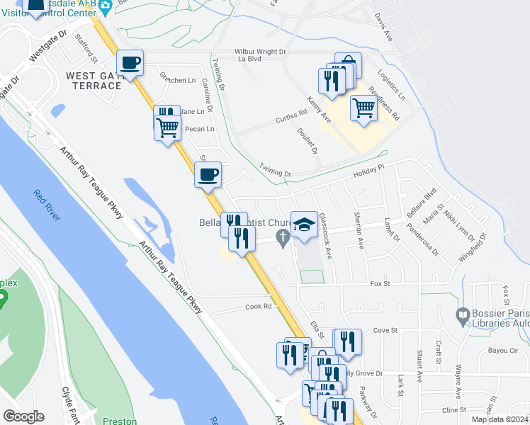 map of restaurants, bars, coffee shops, grocery stores, and more near 3407 Lylac Lane in Bossier City