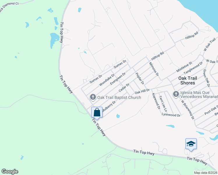map of restaurants, bars, coffee shops, grocery stores, and more near 3501 Woodlake Drive in Granbury