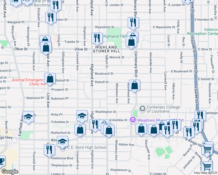 map of restaurants, bars, coffee shops, grocery stores, and more near 315 Dalzell Street in Shreveport