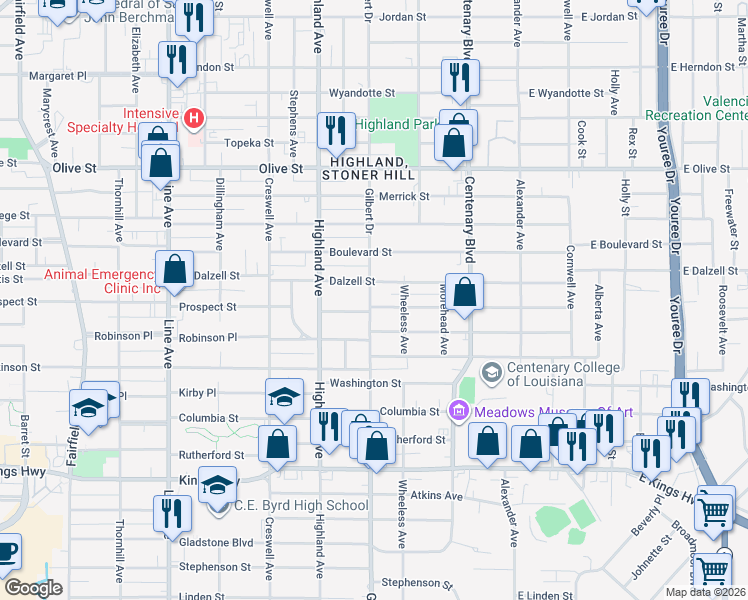 map of restaurants, bars, coffee shops, grocery stores, and more near 315 Dalzell Street in Shreveport