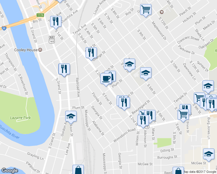 map of restaurants, bars, coffee shops, grocery stores, and more near 1118 South 2nd Street in Monroe