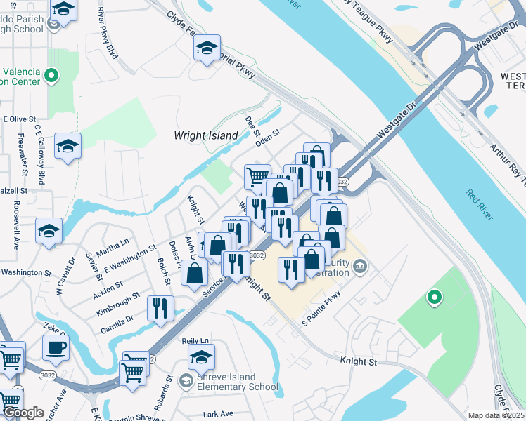 map of restaurants, bars, coffee shops, grocery stores, and more near 2903 Weyman Street in Shreveport