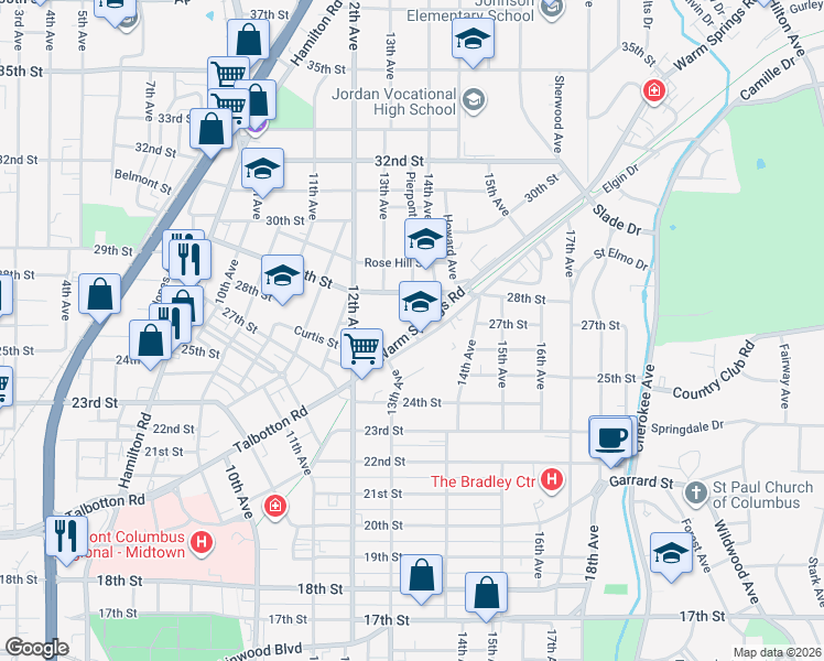 map of restaurants, bars, coffee shops, grocery stores, and more near 2807 Pierpont Avenue in Columbus