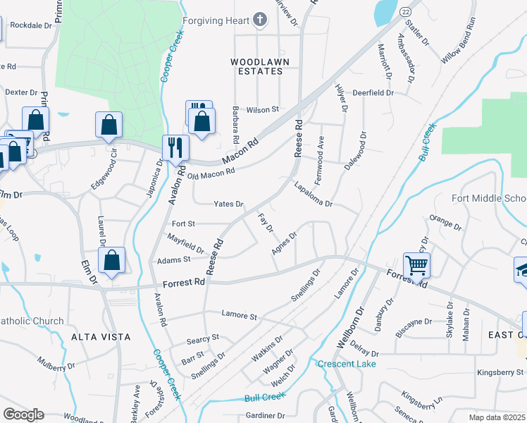 map of restaurants, bars, coffee shops, grocery stores, and more near 4305 Fay Drive in Columbus