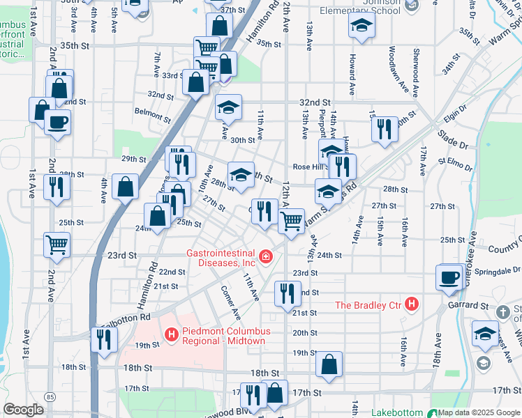 map of restaurants, bars, coffee shops, grocery stores, and more near 1112 29th Street in Columbus