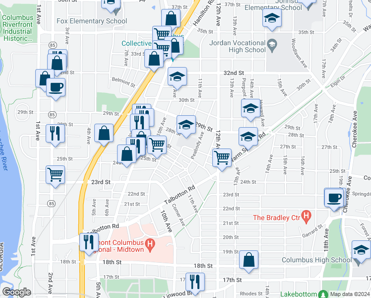 map of restaurants, bars, coffee shops, grocery stores, and more near 1112 29th Street in Columbus