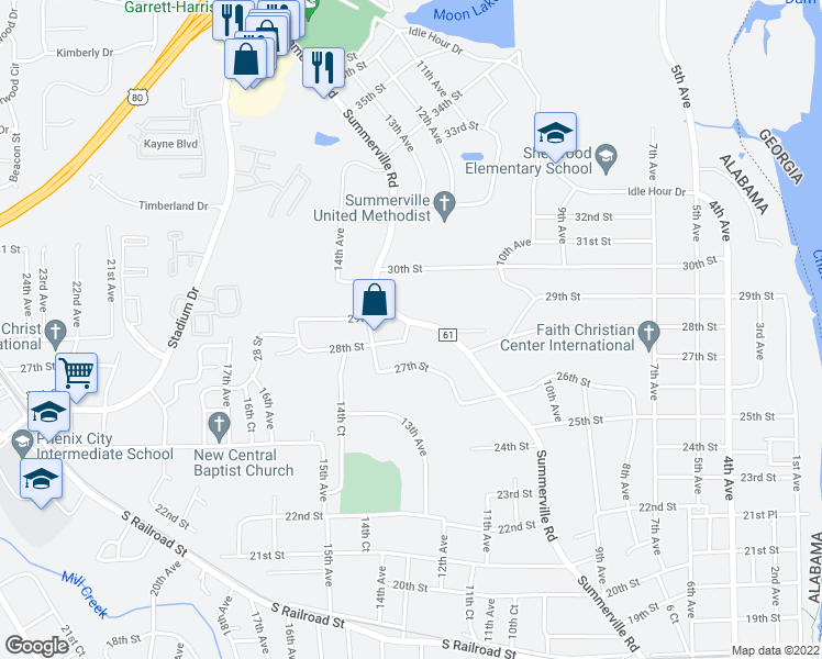 map of restaurants, bars, coffee shops, grocery stores, and more near 2807 Summerville Road in Phenix City