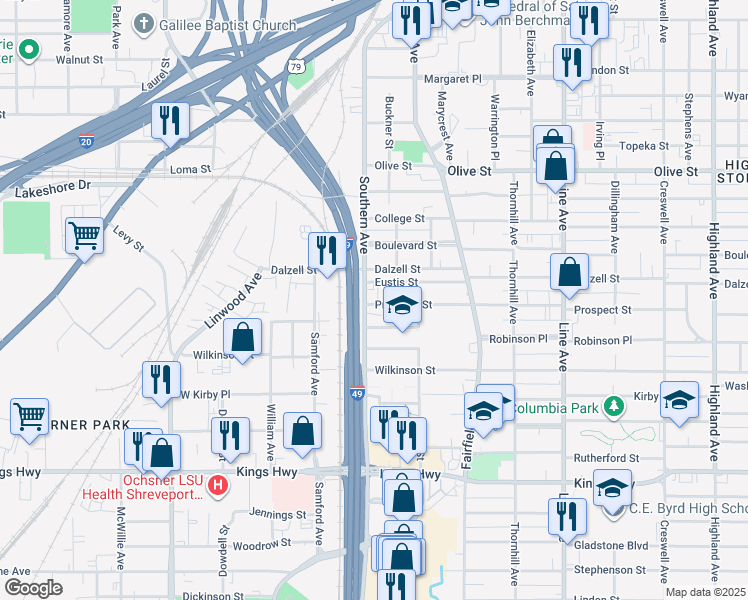 map of restaurants, bars, coffee shops, grocery stores, and more near 2409 Southern Avenue in Shreveport