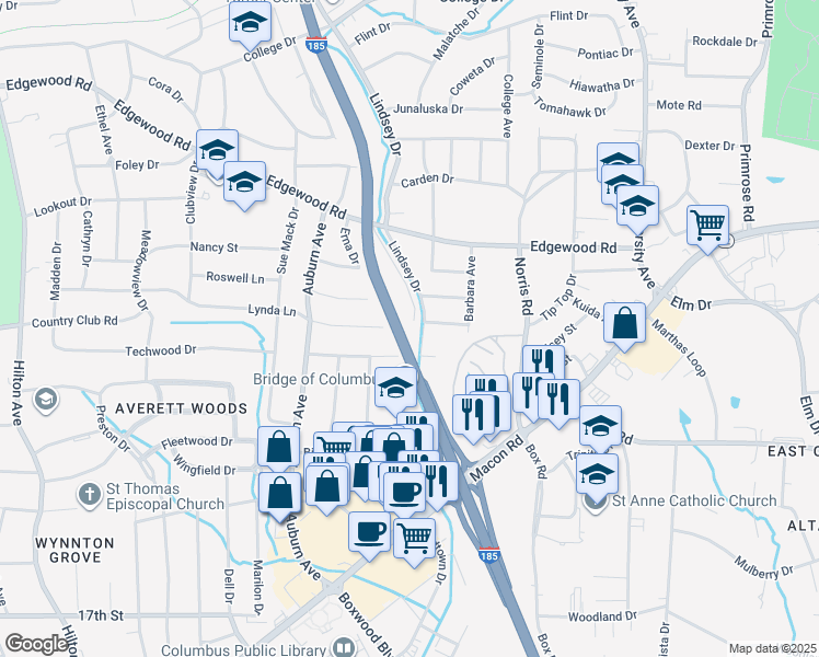 map of restaurants, bars, coffee shops, grocery stores, and more near 3049 Edgewood Court in Columbus