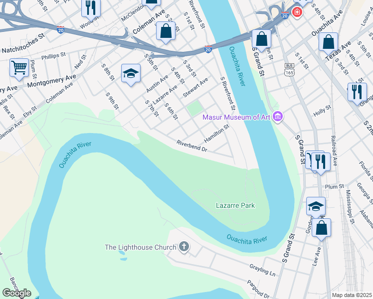 map of restaurants, bars, coffee shops, grocery stores, and more near 408 Riverbend Dr in West Monroe