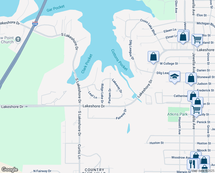 map of restaurants, bars, coffee shops, grocery stores, and more near 2508 Parham Drive in Shreveport