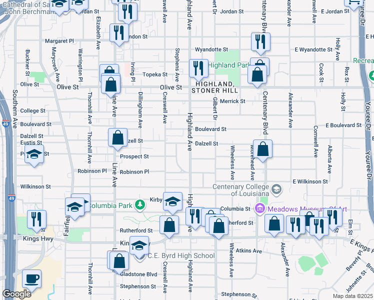 map of restaurants, bars, coffee shops, grocery stores, and more near in Shreveport