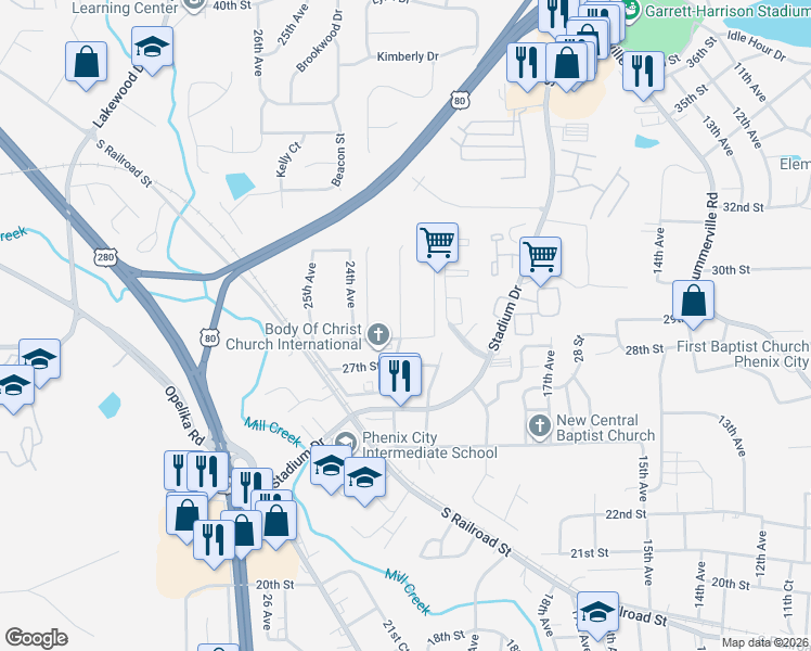 map of restaurants, bars, coffee shops, grocery stores, and more near 2903 22nd Avenue in Phenix City