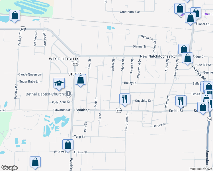 map of restaurants, bars, coffee shops, grocery stores, and more near 202 Keller St in West Monroe