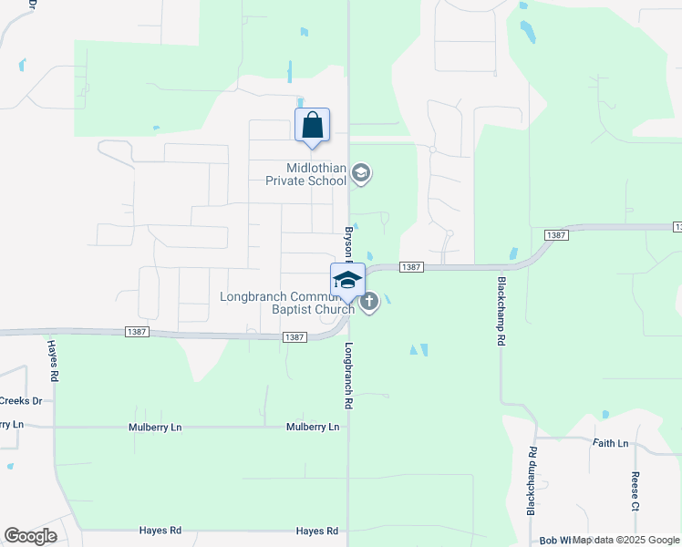 map of restaurants, bars, coffee shops, grocery stores, and more near 6633 Meadow Glen Drive in Midlothian