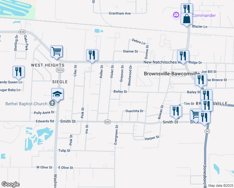 map of restaurants, bars, coffee shops, grocery stores, and more near 2004 Bailey Street in West Monroe