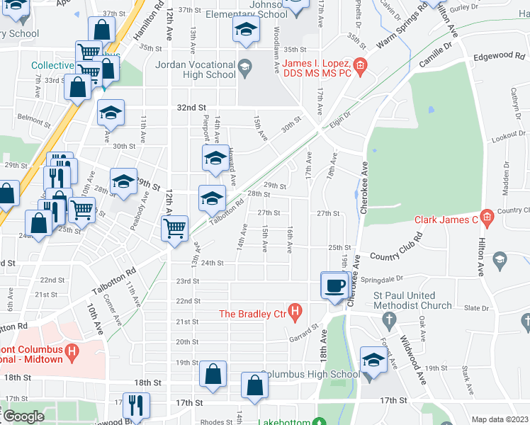 map of restaurants, bars, coffee shops, grocery stores, and more near 15th Avenue in Columbus