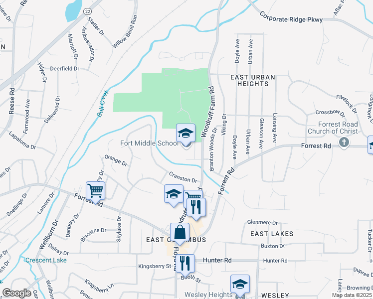 map of restaurants, bars, coffee shops, grocery stores, and more near 2900 Woodruff Farm Road in Columbus