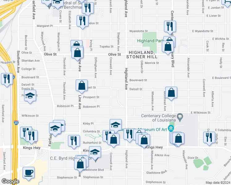 map of restaurants, bars, coffee shops, grocery stores, and more near 2402 Pinehurst Boulevard in Shreveport