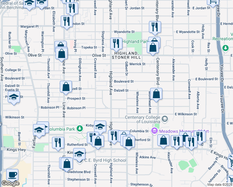 map of restaurants, bars, coffee shops, grocery stores, and more near in Shreveport