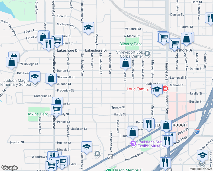 map of restaurants, bars, coffee shops, grocery stores, and more near 3202 Judson Street in Shreveport