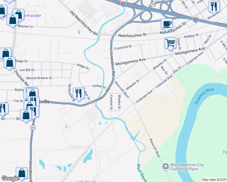 map of restaurants, bars, coffee shops, grocery stores, and more near 810 Wheelis Street in West Monroe