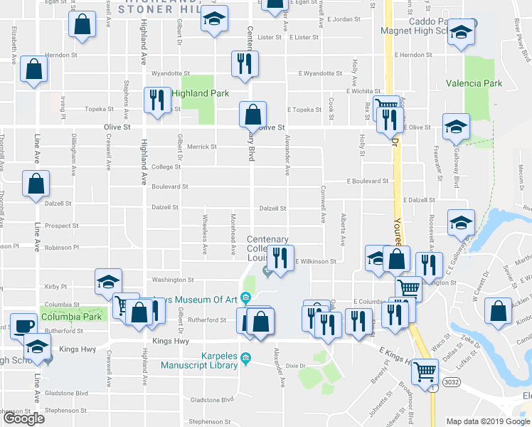 map of restaurants, bars, coffee shops, grocery stores, and more near 135 Dalzell Street in Shreveport
