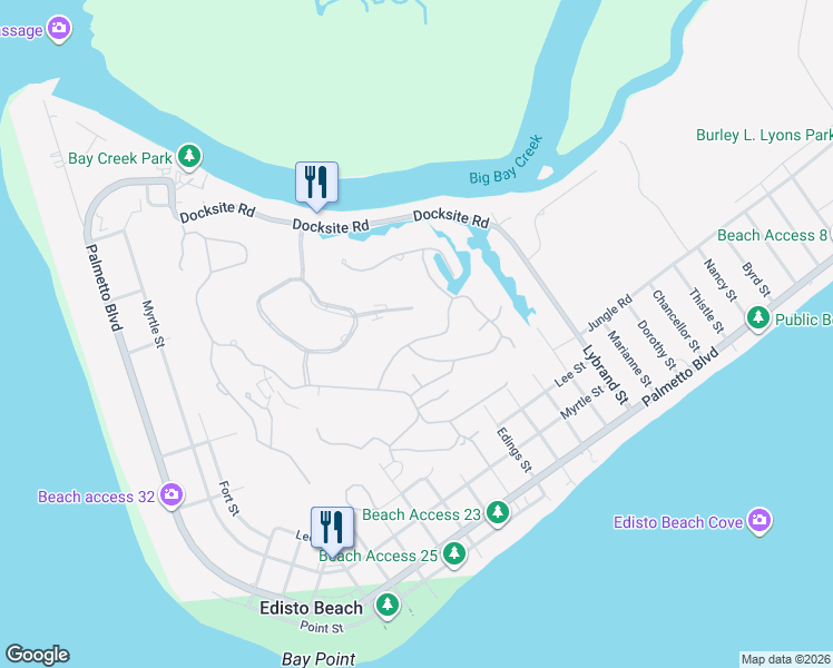 map of restaurants, bars, coffee shops, grocery stores, and more near 10 Gun Bluff Road in Edisto Island