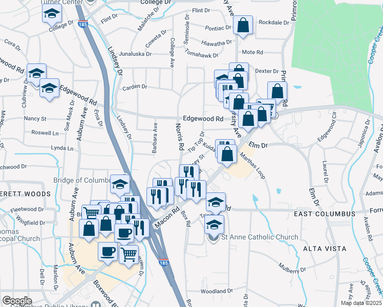 map of restaurants, bars, coffee shops, grocery stores, and more near 2716 Tip Top Drive in Columbus