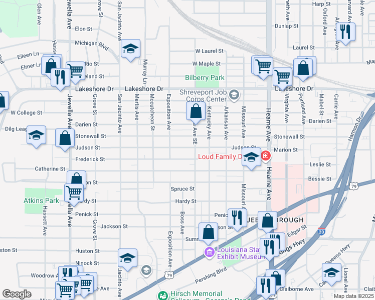 map of restaurants, bars, coffee shops, grocery stores, and more near 3117 Judson Street in Shreveport