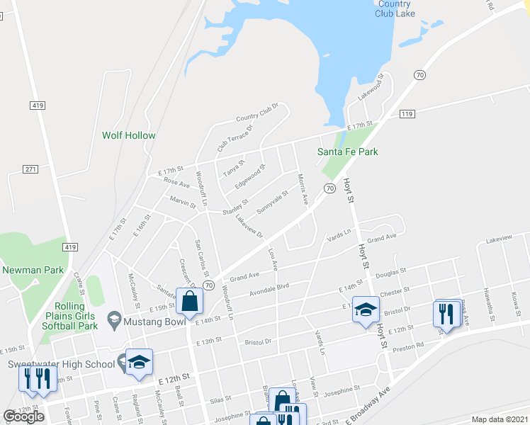 map of restaurants, bars, coffee shops, grocery stores, and more near 1412 Sunnyvale Street in Sweetwater