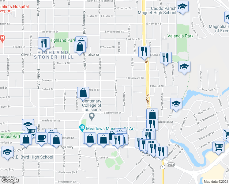 map of restaurants, bars, coffee shops, grocery stores, and more near 157 E Dalzell St in Shreveport