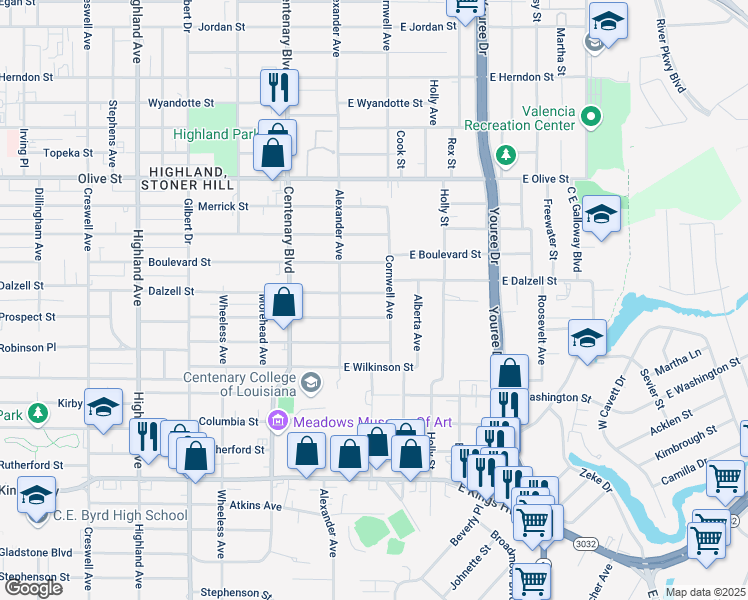 map of restaurants, bars, coffee shops, grocery stores, and more near 157 East Dalzell Street in Shreveport