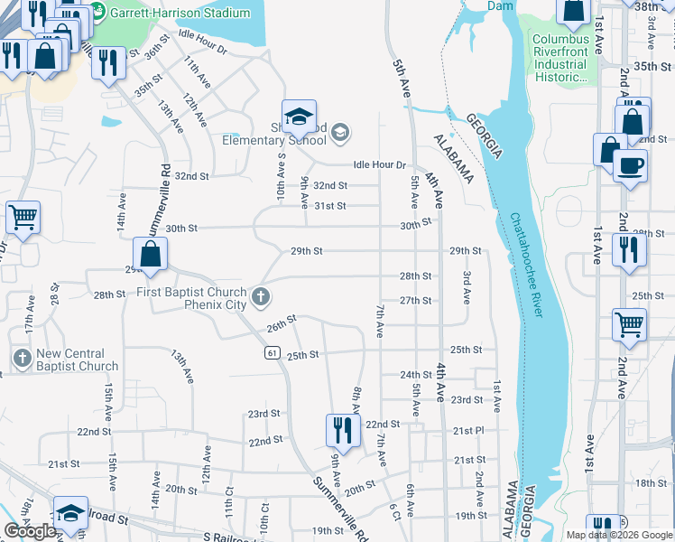map of restaurants, bars, coffee shops, grocery stores, and more near 710 28th Street in Phenix City