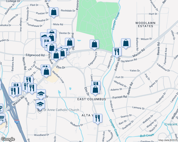 map of restaurants, bars, coffee shops, grocery stores, and more near 2505 Laurel Drive in Columbus