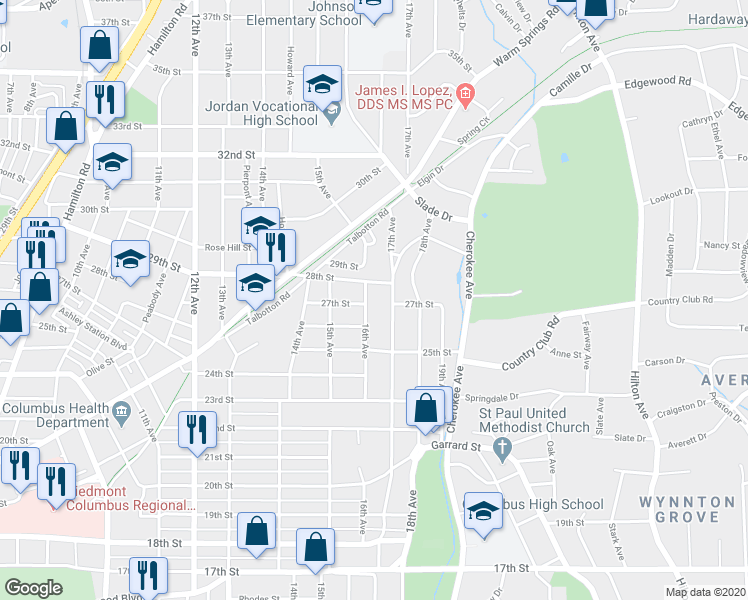 map of restaurants, bars, coffee shops, grocery stores, and more near 2705 17th Avenue in Columbus