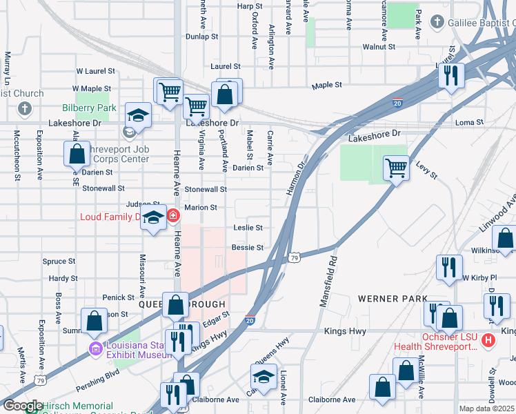 map of restaurants, bars, coffee shops, grocery stores, and more near 2327 Stonewall Street in Shreveport