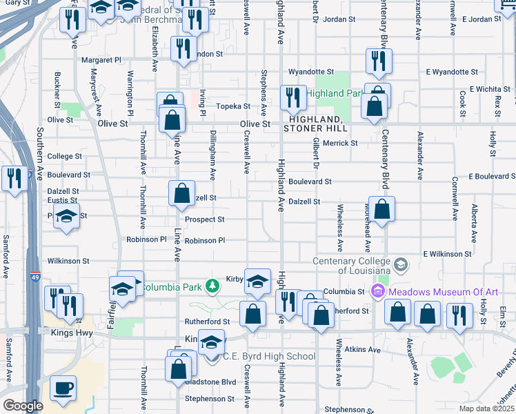 map of restaurants, bars, coffee shops, grocery stores, and more near 2408 Pinehurst Boulevard in Shreveport